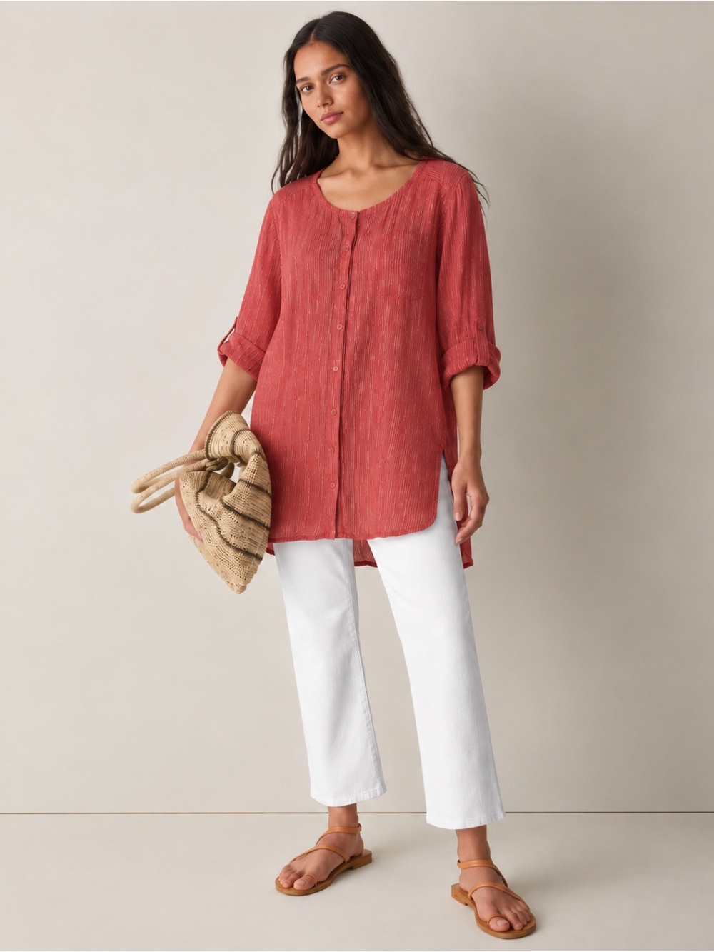Eileen Fisher Coral Red Striped Linen Tunic Button Up Shirt 2XL